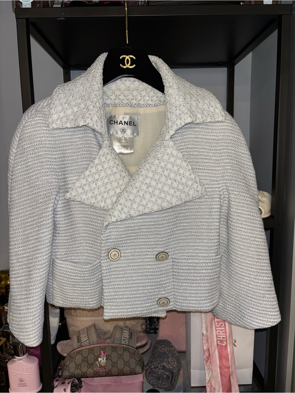 CHANEL Light Gray Cropped Double-Breasted Knit Blazer 36